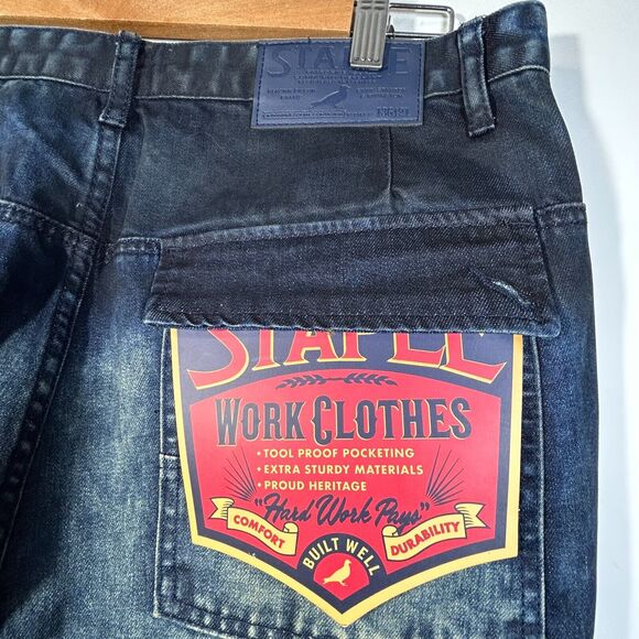 Staple Dark Denim Jeans Mens 35 x 34 Tapered Factory Distressed NWT - Picture 4 of 10